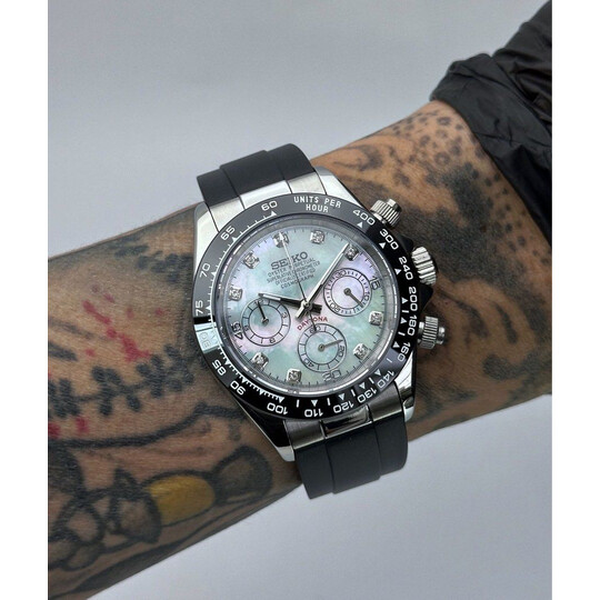 Custom Seiko Mod • White Diamond MOP Daytona on Oysterflex (Quartz Chronograph) • 39.5mm